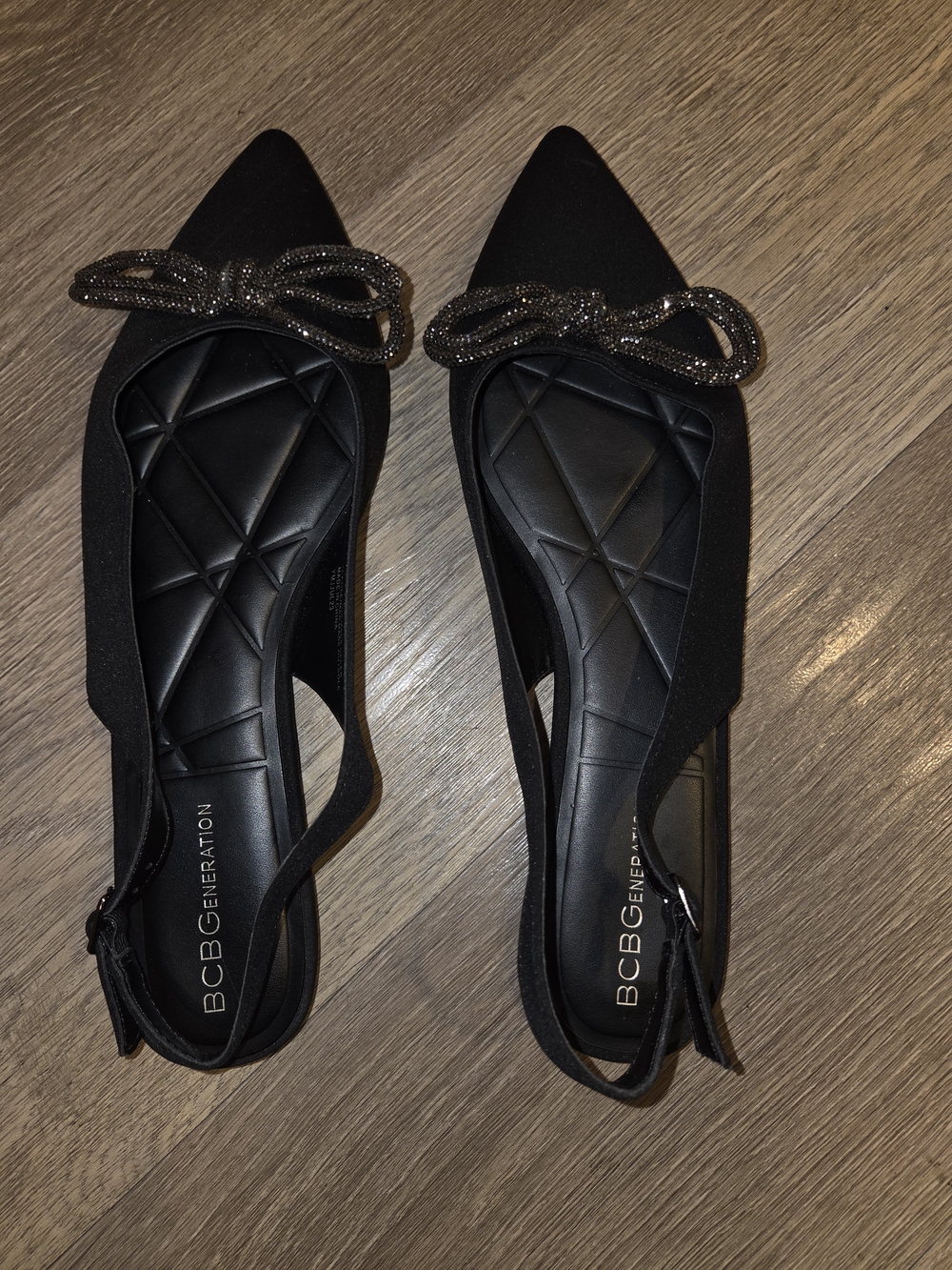 BCBGeneration Black Pointed Slingback Flats with Sparkle Bow